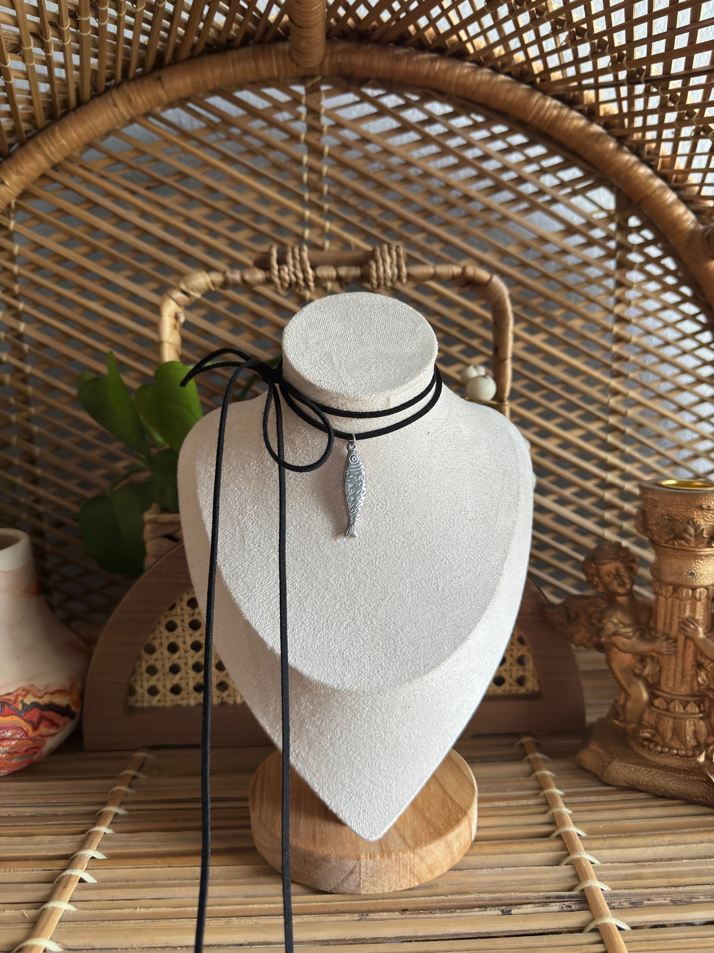stainless steel fish black suede necklace