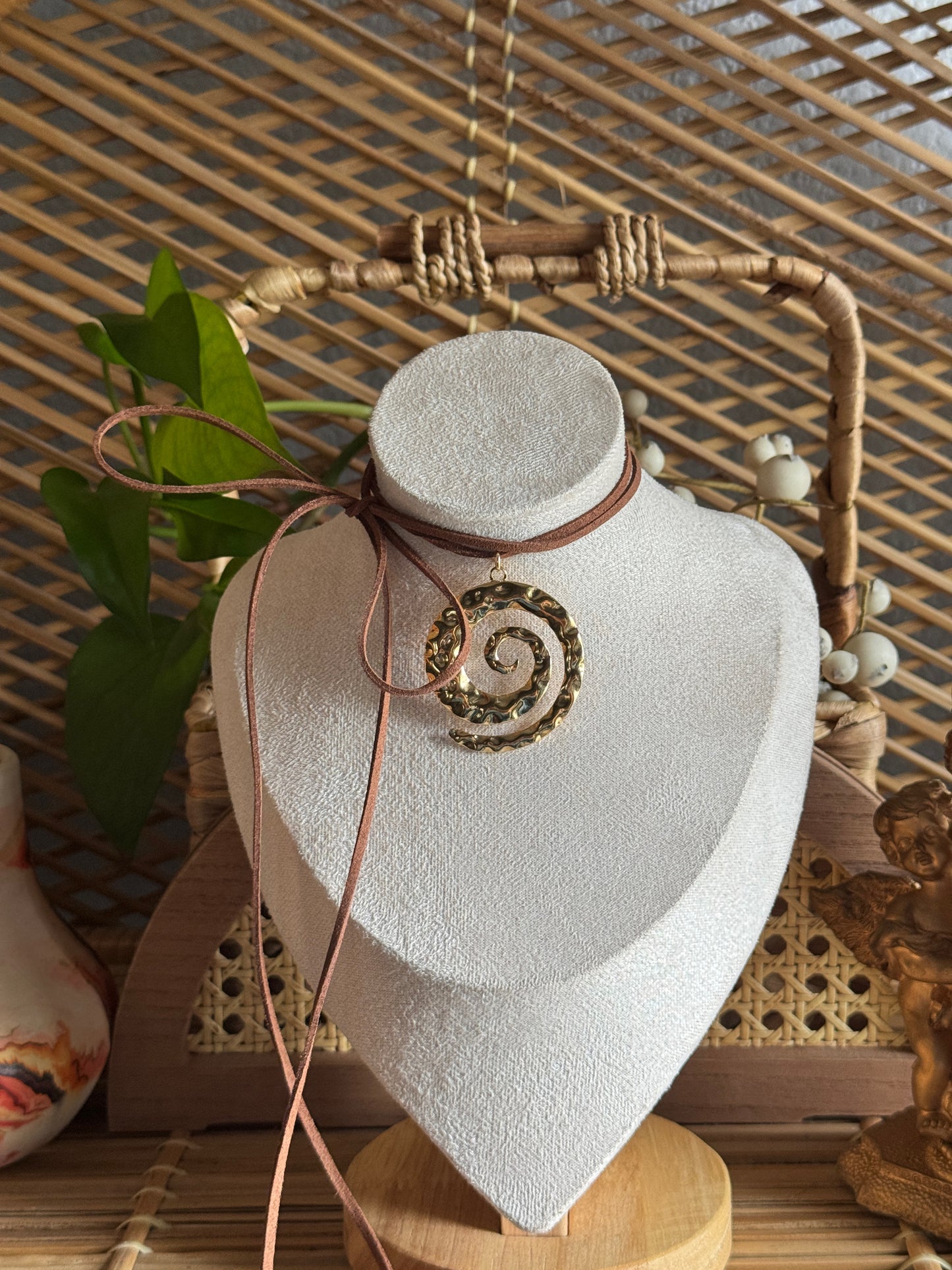 gold swirl suede cord necklace