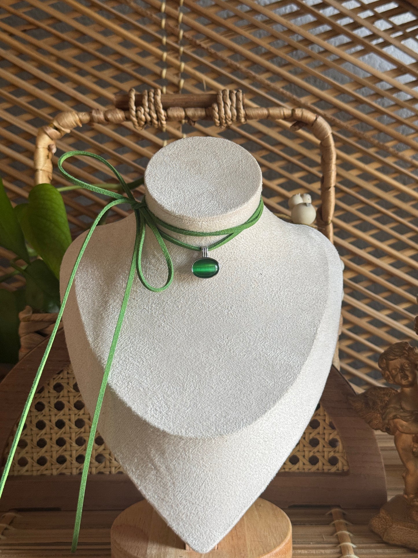 green cat eye stainless steel green suede necklace