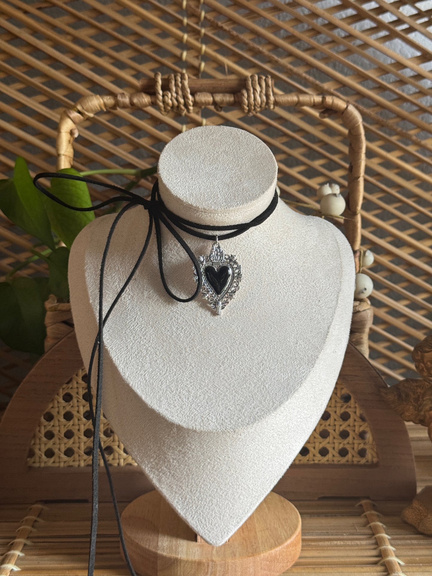 black sacred heart black suede necklace