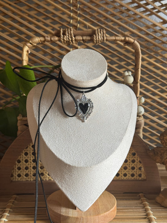 black sacred heart black suede necklace