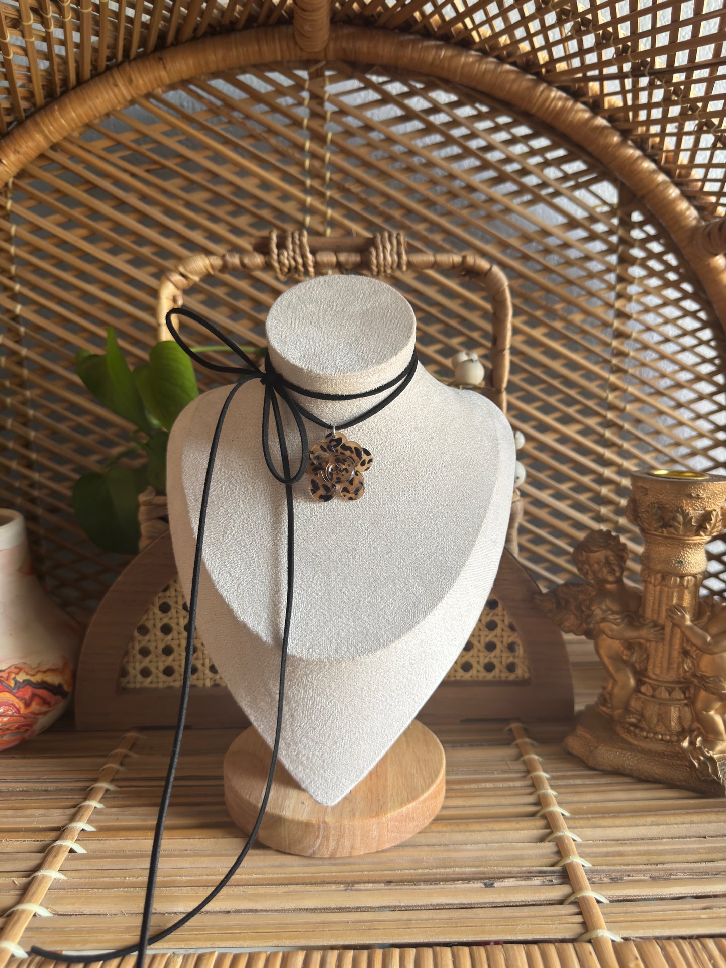small leopard flower black suede necklace