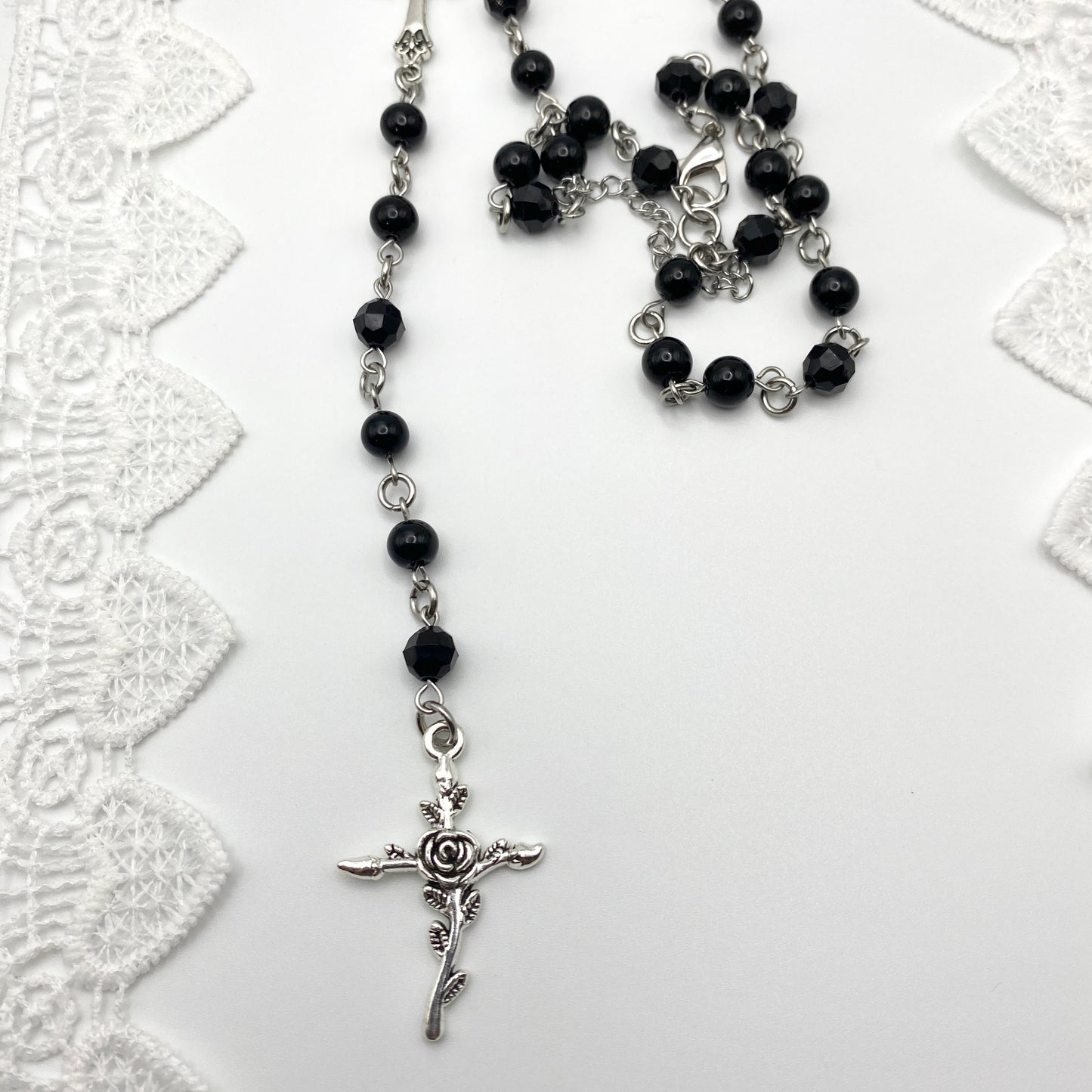 small holy trinity - in black rosary necklace