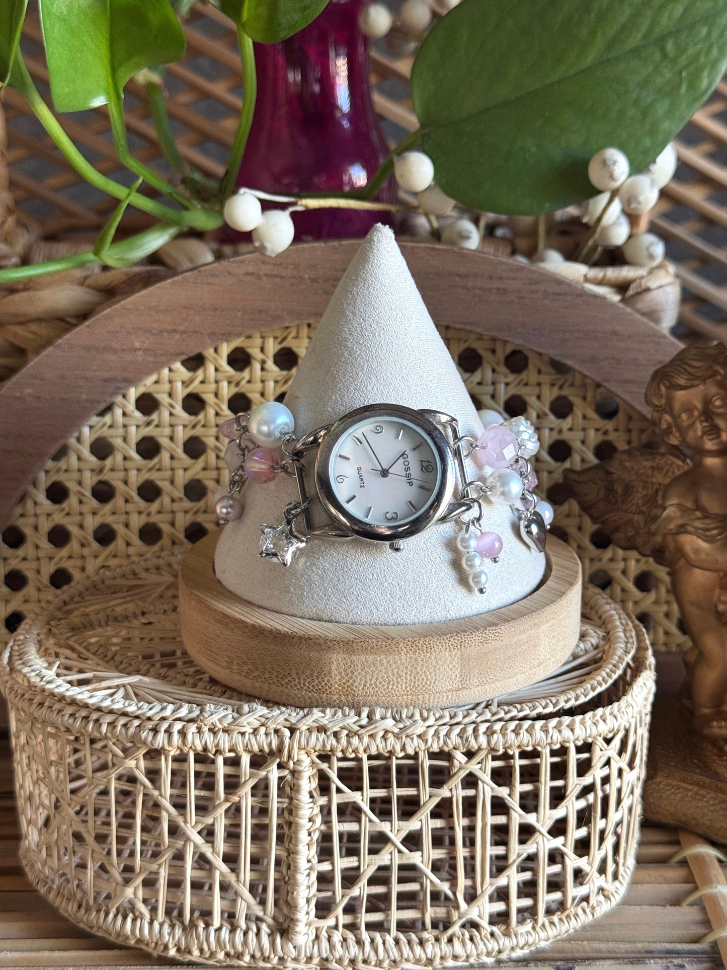 pink & pearl mother of pearl watch charm bracelet