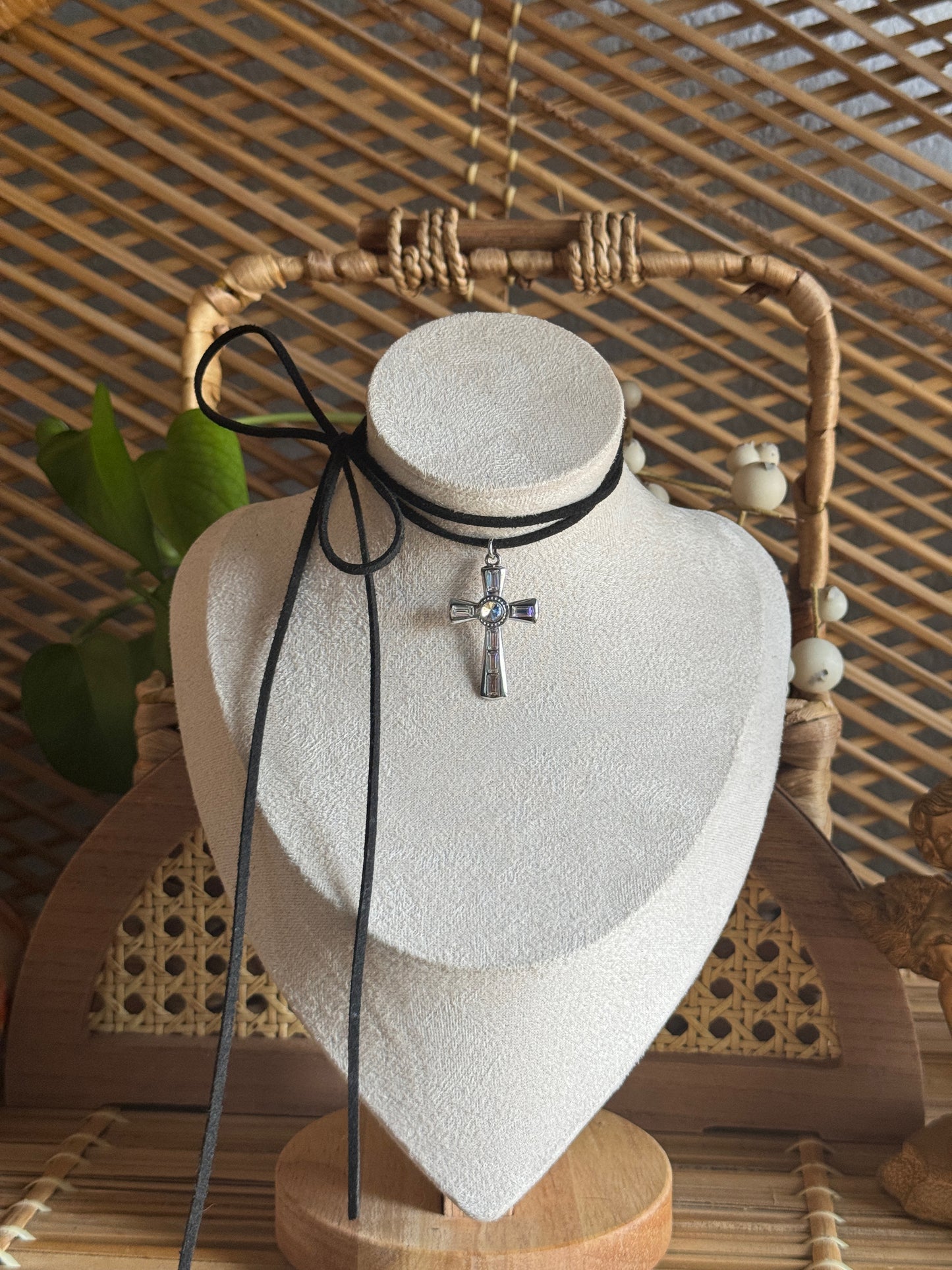 rhinestone cross stainless steel black suede necklace