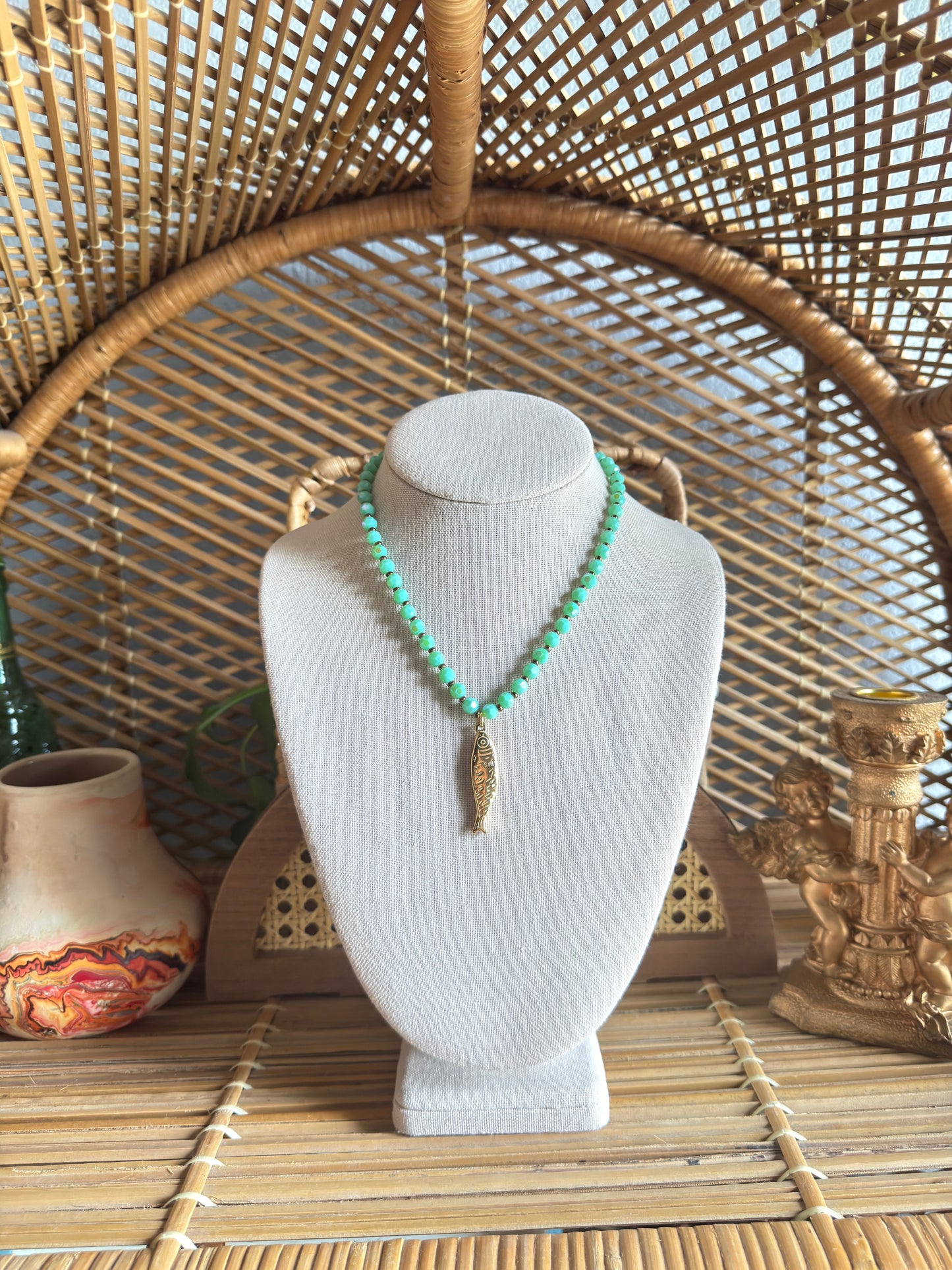aqua turquoise beaded fish necklace