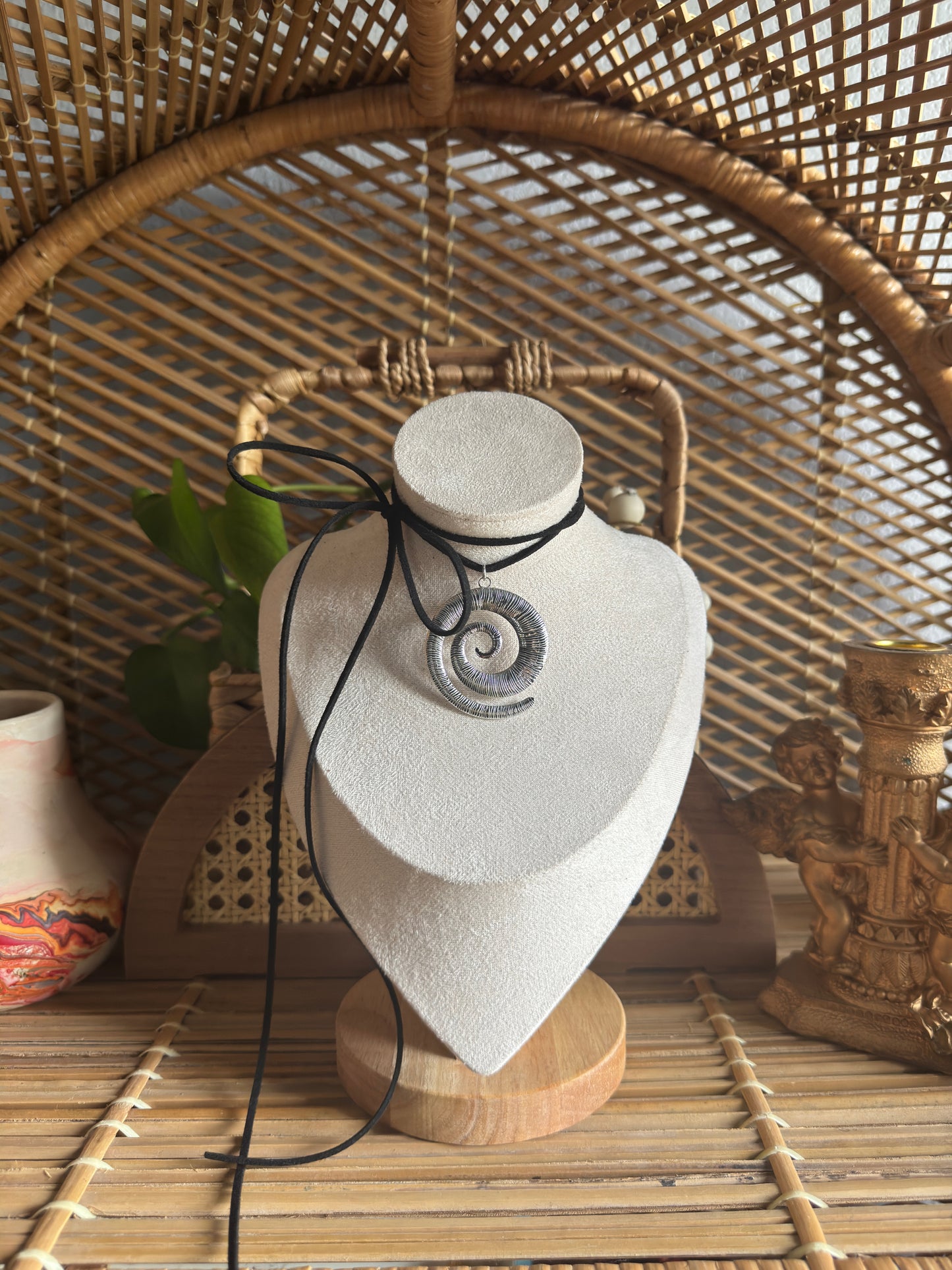 large stainless steel tibetan swirl black suede necklace
