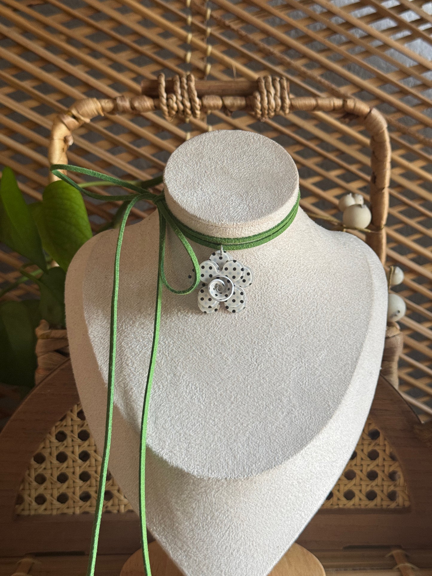 small polka dot flower green suede necklace