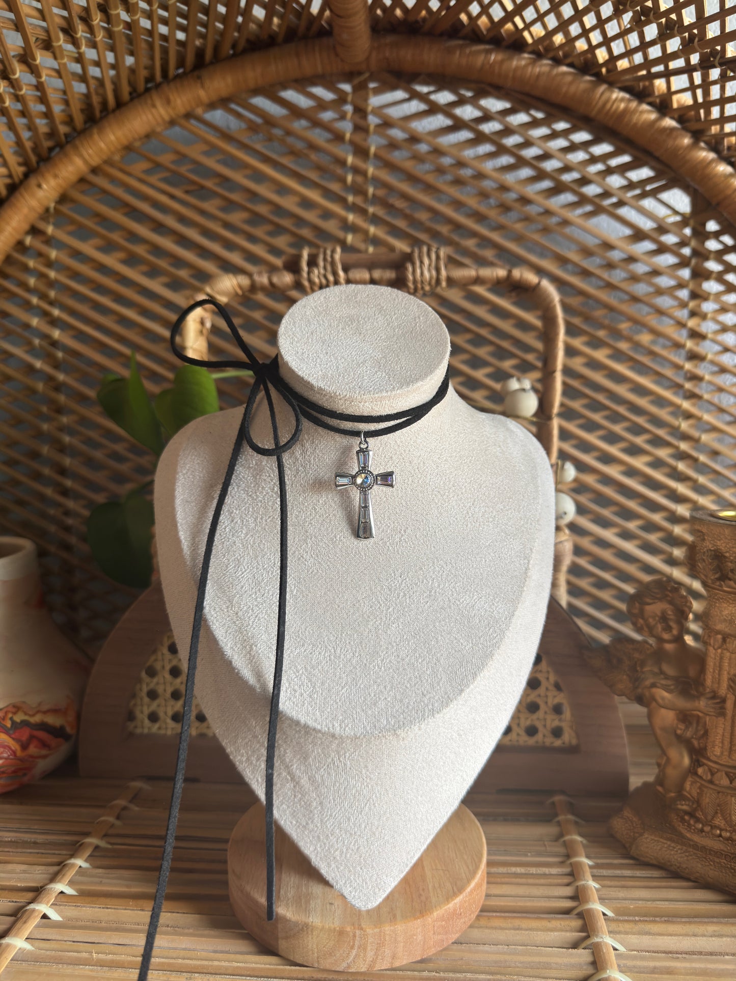 rhinestone cross stainless steel black suede necklace