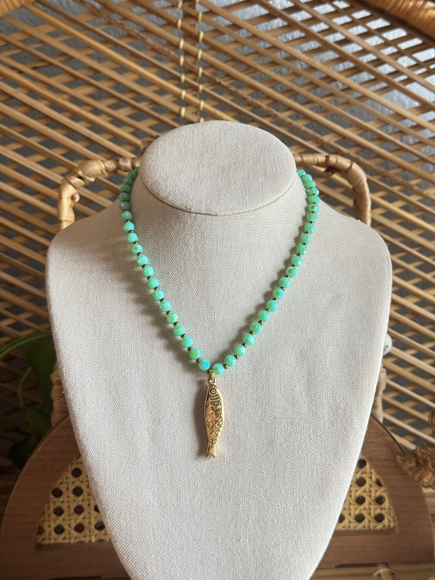 aqua turquoise beaded fish necklace