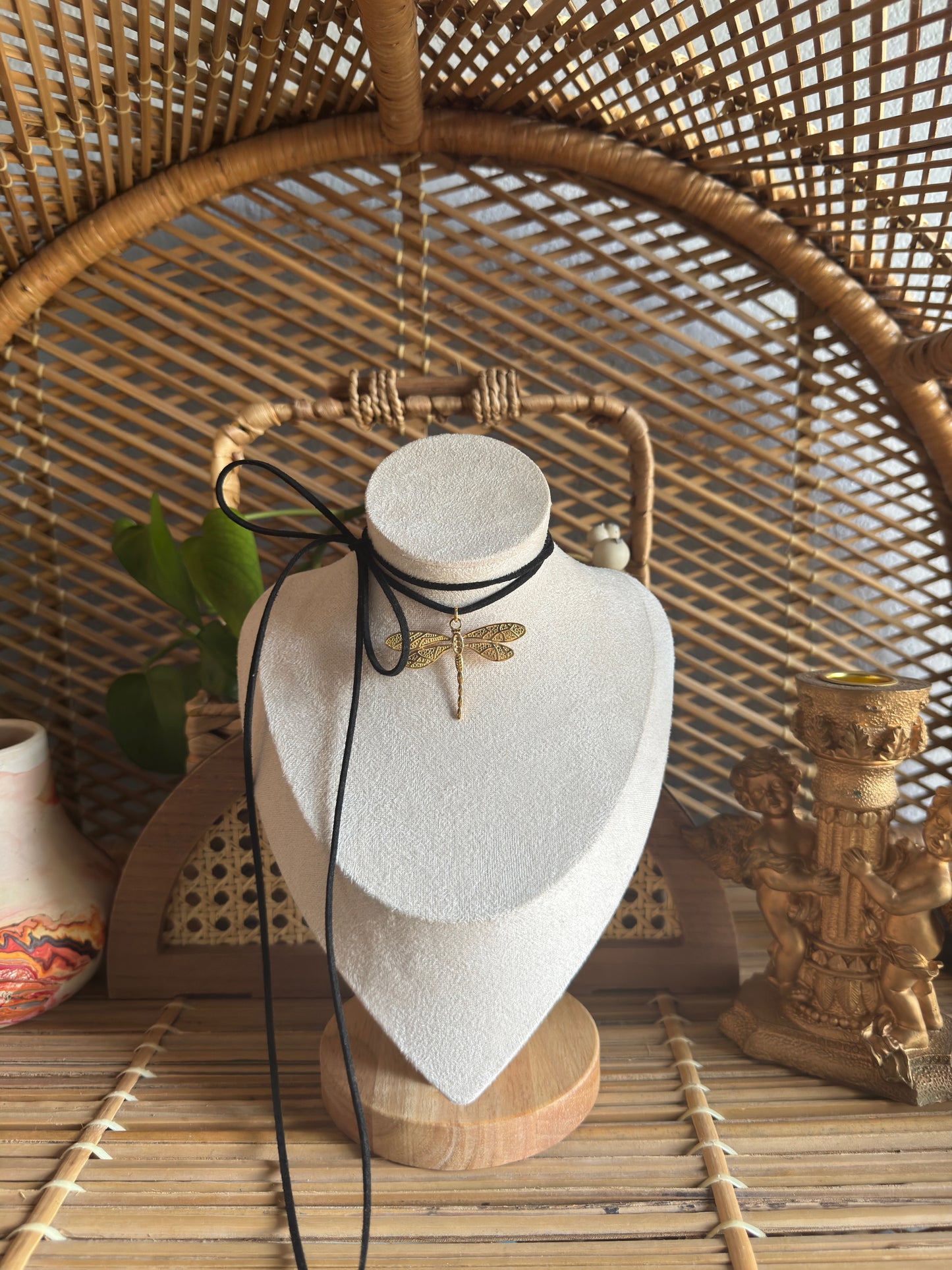 gold dragonfly black suede necklace