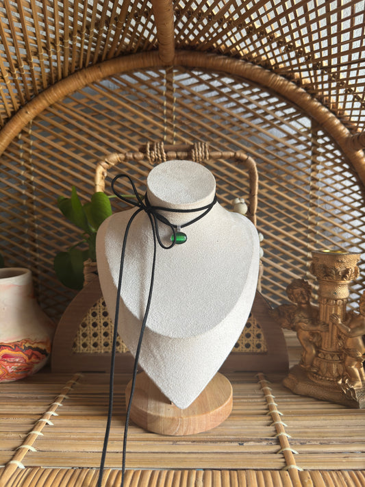green cat eye stainless steel black suede necklace